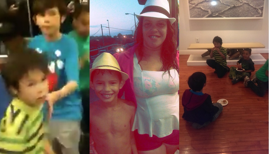 Left: Screenshot from video of incident on SEPTA. Middle: Jessica Carrera with son. Right: The children from the video enjoying a snack at Old City's Wexler Gallery, shortly before the video was shot.