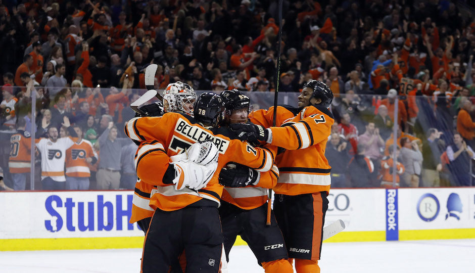 The Flyers celebrate after winning against the Washington Capitals Wednesday, 2-1.