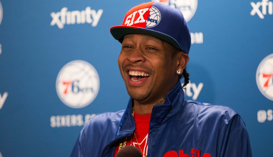 Allen Iverson laughs while talking to the media about his election into the Basketball Hall of Fame | Bill Streicher-USA TODAY Sports