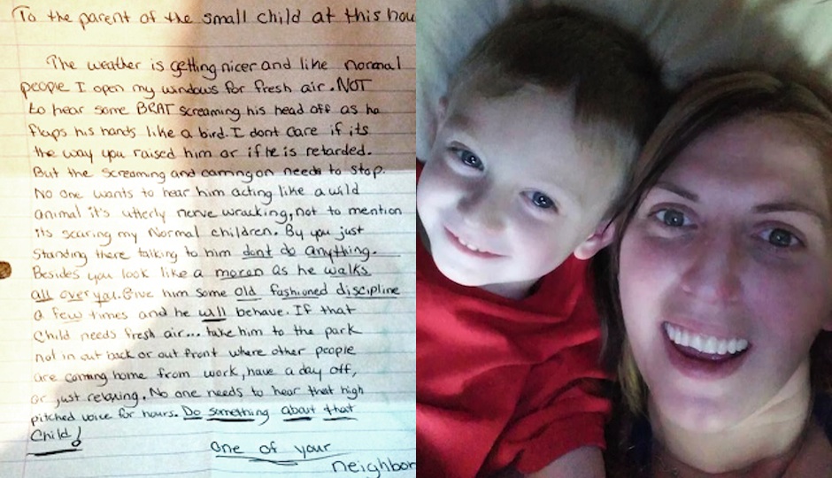 Left: The anonymous note. Right: Mayfair's Bonnie Moran with son Ryan, who has apparently been upsetting one of the neighbors.