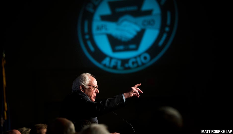 Democratic presidential candidate, Sen. Bernie Sanders, I-Vt., speaks during a campaign stop, Thursday, April 7, 2016, at the Pennsylvania AFL-CIO Convention in Philadelphia.