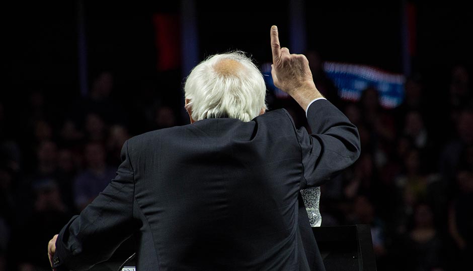 Bernie Sanders at the podium at Temple University's Liacouras Center. Photo | Kyle Laskowski