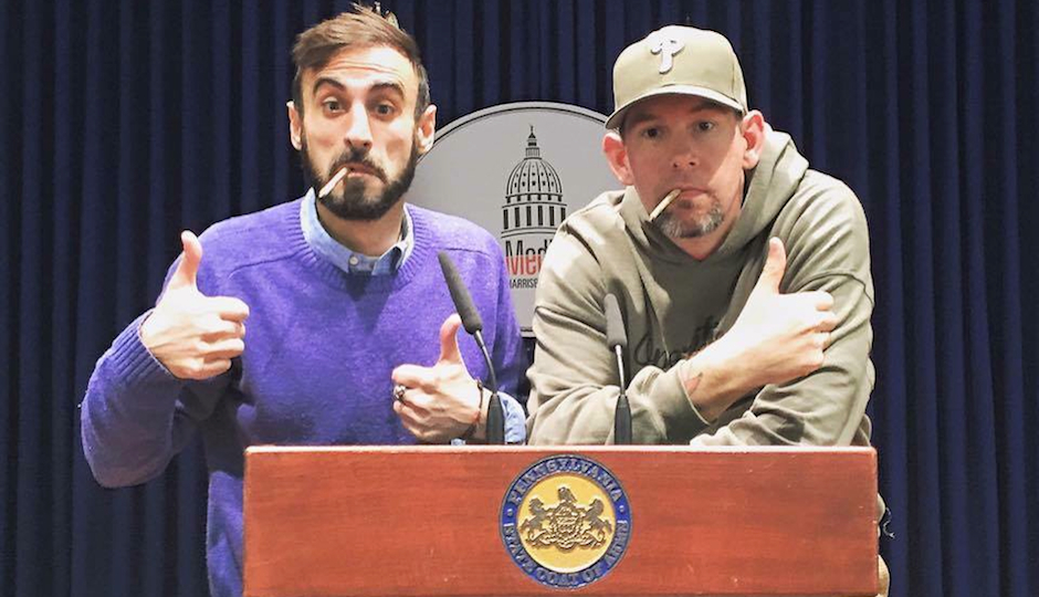 Philadelphia marijuana activist "N.A. Poe" (left) with former Marine war veteran and fellow activist Mike Whiter (right) in the Capitol in Harrisburg.