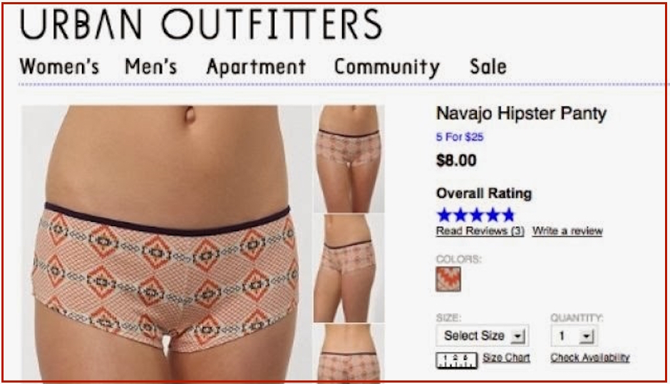 An old screenshot showing one of the Urban Outfitters "Navajo" items in question. The site no longer sells anything bearing the name "Navajo."