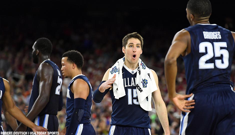 Villanova Wildcats guard Ryan Arcidiacono (15) reacts with guard Mikal Bridges (25) in the second half against the Oklahoma Sooners in the 2016 NCAA Men's Division I Championship semi-final game at NRG Stadium.
