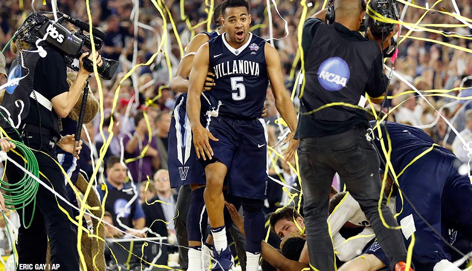 Villanova's Phil Booth celebrates after the NCAA Final Four tournament college basketball championship game against North Carolina, Monday, April 4, 2016, in Houston. Villanova won 77-74.