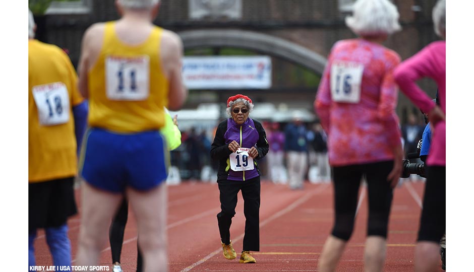 Ida Keeling (age 100) runs in the mixed masters age 80 and over 100m during the 122nd Penn Relays at Franklin Field on April 30, 2016.