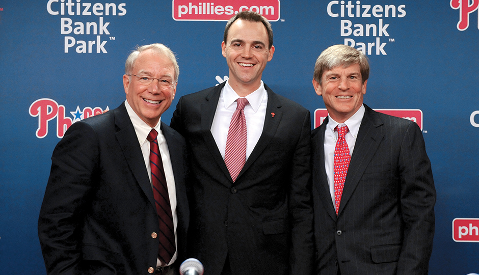 Andy MacPhail, Matt Klentak and John Middleton at a Phillies press conference in October | Photograph courtesy of the Phillies/Miles Kennedy