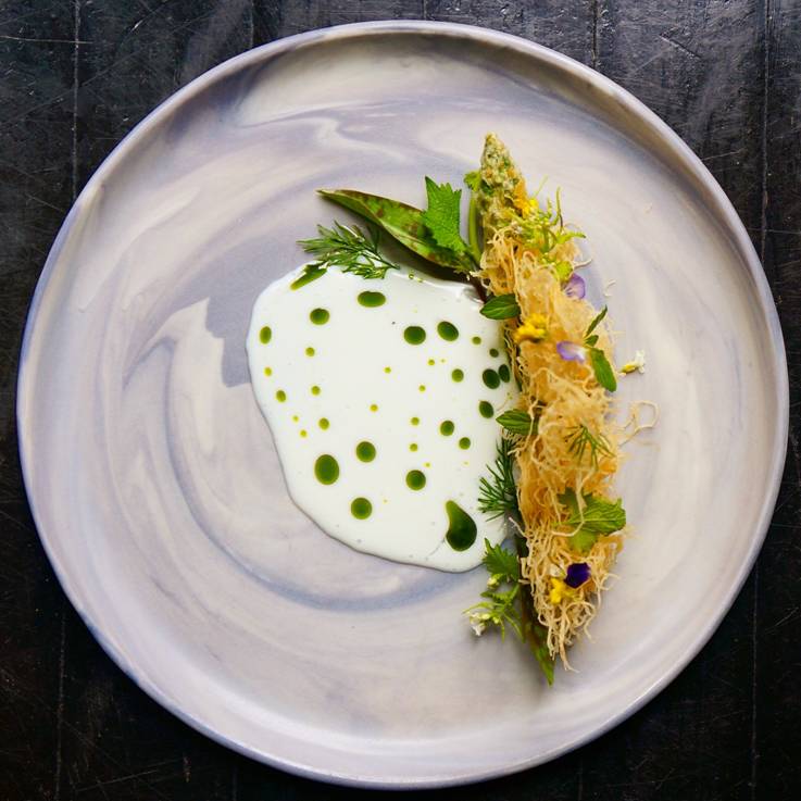 asparagus, buttermilk, dill - local asparagus, ketafi dough, house-made buttermilk thickened with yogurt, dill and oil, mix of herbs and flowers