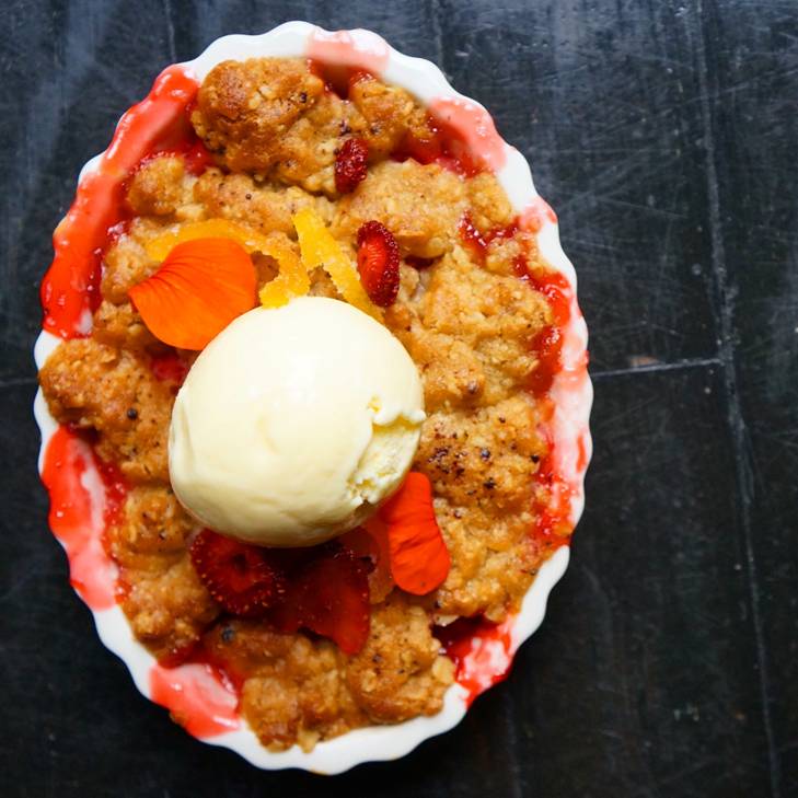strawberry rhubarb crumble - strawberry/rhubarb filling, sour cream ice cream, brown sugar/bee pollen crumble, candied strawberry and meyer lemon peel