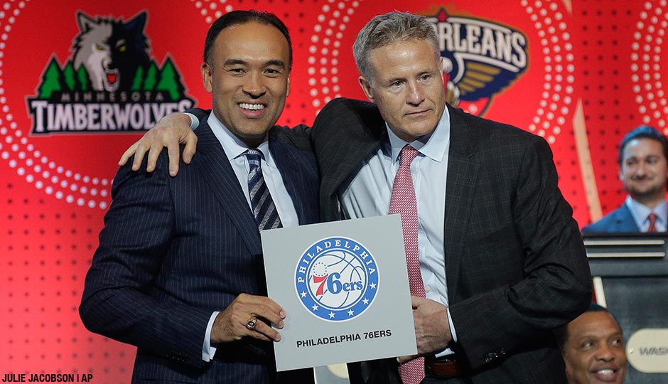 NBA deputy commissioner Mark Tatum, left, poses for a photo with Philadelphia 76ers head coach Brett Brown during the NBA basketball draft lottery, Tuesday, May 17, 2016, in New York. The 76ers won the top pick in this year's draft.