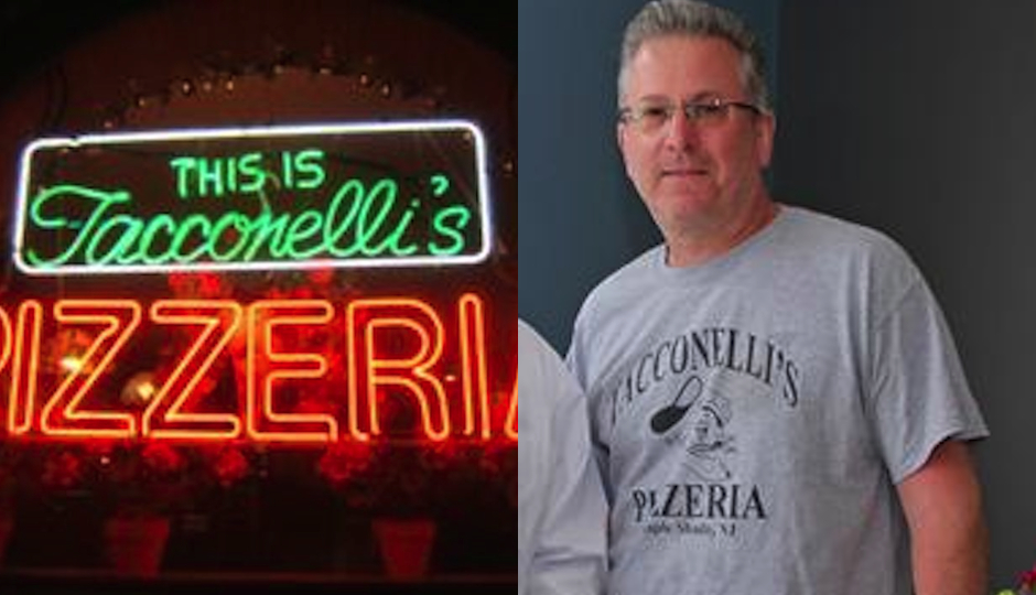 Left: The neon sign at the original Tacconelli's Pizzeria in Philadelphia. (Photo via Flickr Creative Commons) Right: Vincent Tacconelli, who stands accused of fraudulently obtaining the trademark for the brand. (Photo via HughE Dillon)