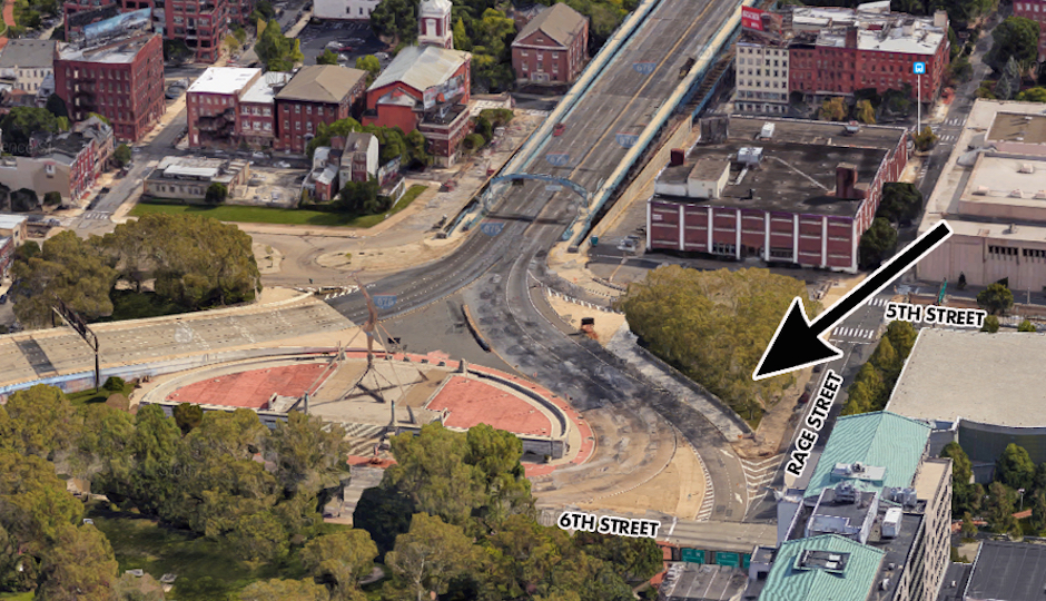 The arrow indicates the location of the Philadelphia 9/11 memorial. (Image via DRPA)