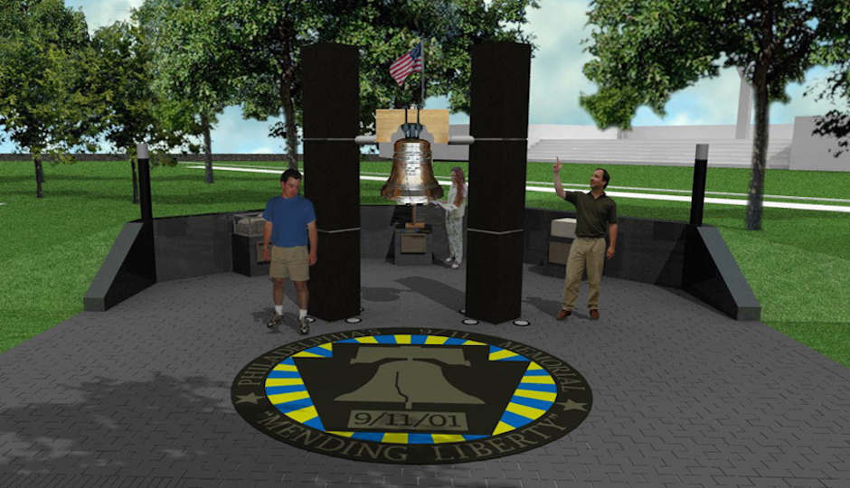 An artist rendering shows the 9/11 memorial that's coming to Philadelphia. Two pillars with a Liberty Bell between them.