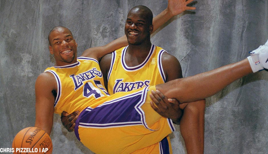 Sean Rooks with Shaquille O'Neal as members of the Los Angeles Lakers in 1996.