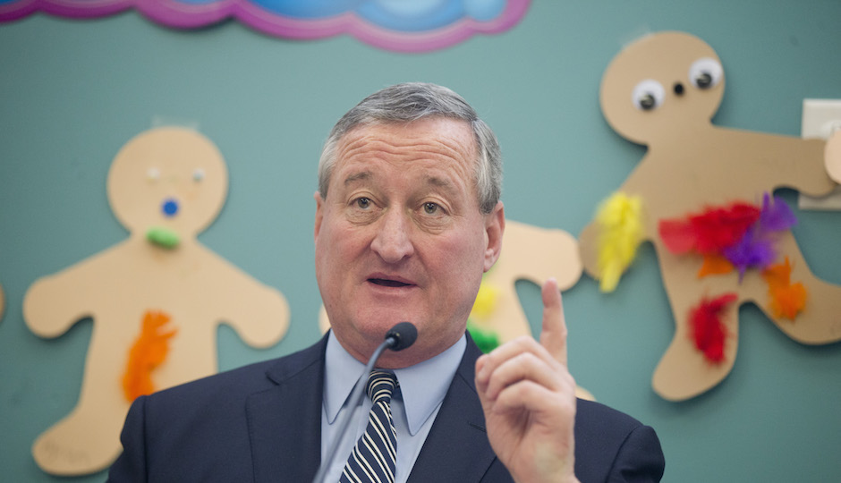 Philadelphia Mayor Jim Kenney speaks during a news conference on Tuesday, March 8, 2016, at the Rising Stars APM Preschool Center in Philadelphia. Kenney in his first budget is asking for a soda tax to help fund initiatives including universal pre-K. The William Penn Foundation announced grant to increase the availability and accessibility of high-quality early learning opportunities throughout the city. (AP Photo/Matt Rourke)