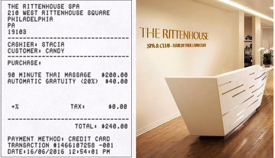 Left: Our mockup of a Rittenhouse Spa receipt showing the automatic gratuity. Right: The spa's entry. 
