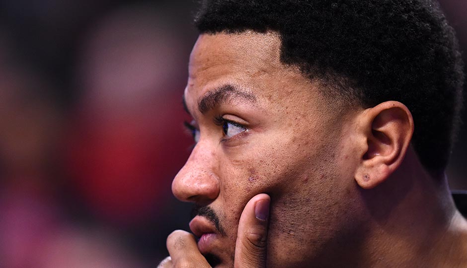Chicago Bulls guard Derrick Rose sits on the bench during the first quarter against the Philadelphia 76ers at the United Center in April 2016. 