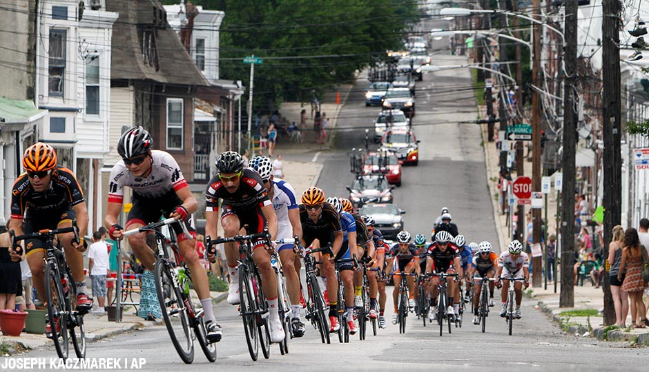 Cyclists compete in the Philly Cycling Classic men's race, Sunday June 2, 2013, in Philadelphia.