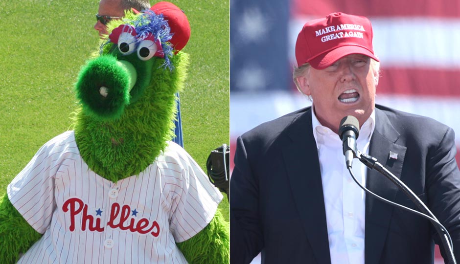 The Phillie Phanatic and Donald Trump - split photo