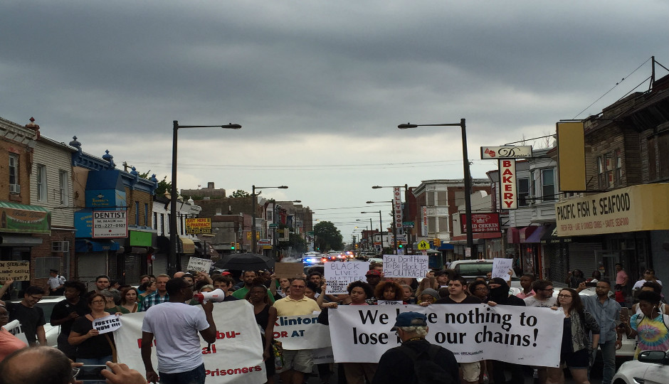 Demonstrators protesting police shootings make through way through North Philadelphia on July 8th. 