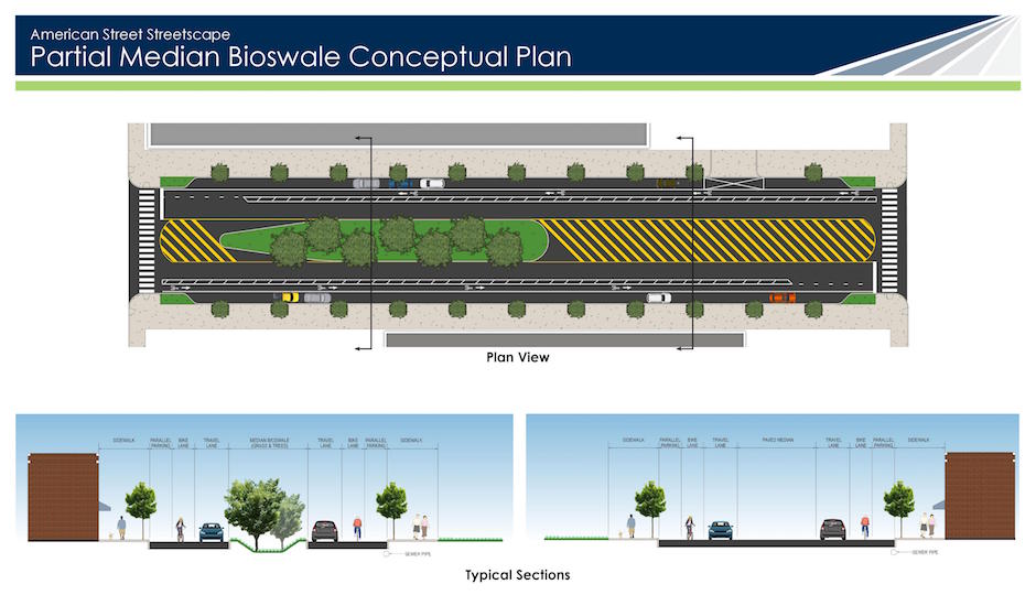 This illustration shows what a typical block with a bioswale in part of its median would look like. | Image from Gilmore & Associates for the City of Philadelphia