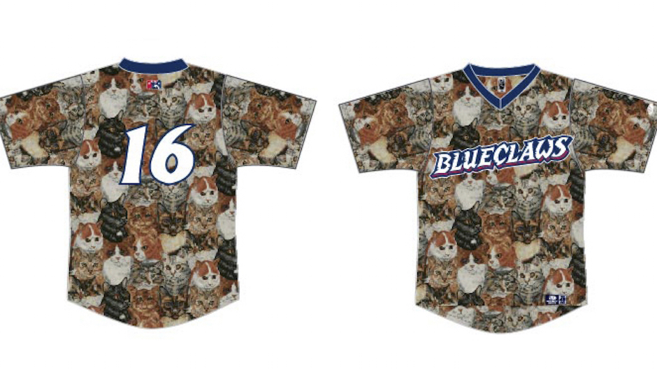 The front and backs of the special cat-filled jerseys that the Phillies minor league team the Lakewood BlueClaws will wear this Saturday.