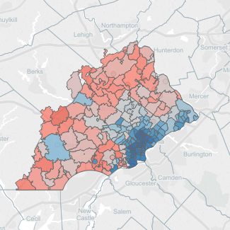 Voting tendencies by ZIP code: blue districts tend to vote Democratic, while red ones lean Republican. The darker the shade, the stronger the tendency. | Source: Clarity Campaign Labs