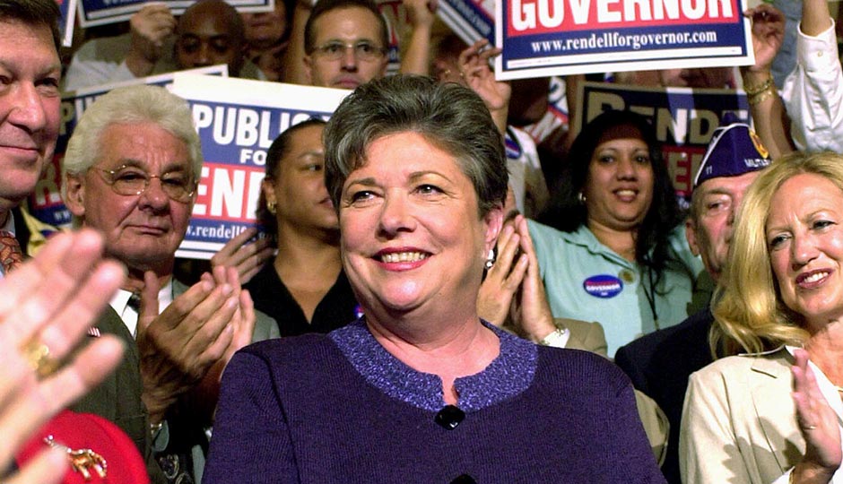 Pennsylvania Republican state Treasurer Barbara Hafer appears at a rally in the State Capitol Rotunda in Harrisburg, Pa., Wednesday, Sept. 4, 2002, in a sea of signs after endorsing Democrat Edward Rendell for governor of Pennsylvania. Photo | Paul Vathis, AP