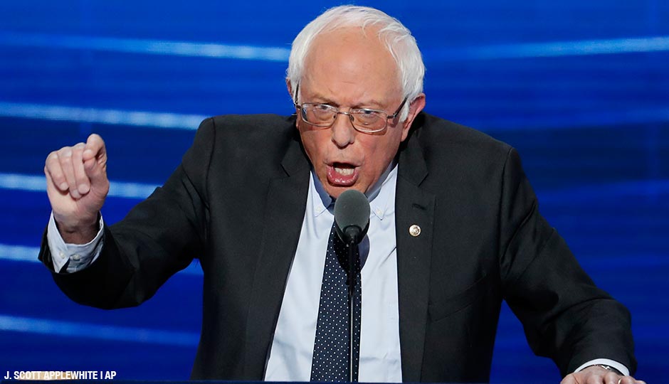Former Democratic presidential candidate, Sen. Bernie Sanders, I-Vt., speaks during the first day of the Democratic National Convention in Philadelphia , Monday, July 25, 2016.