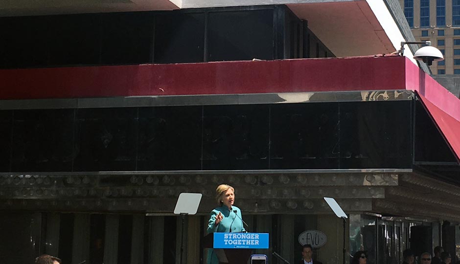Hillary Clinton in front of Trump Plaza