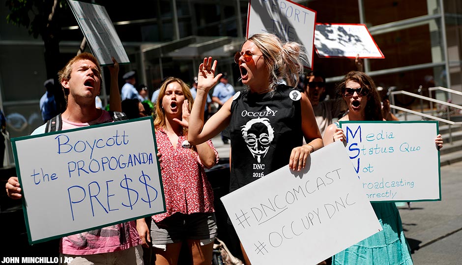 Demonstrators protest outside the Comcast Center in Philadelphia, Wednesday, July 27, 2016, during the third day of the Democratic National Convention. 