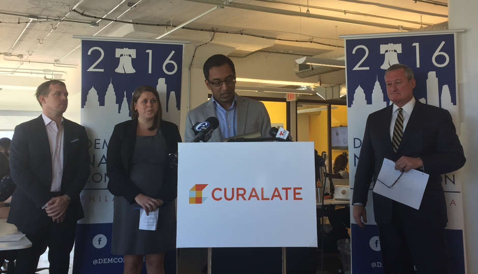 From left to right: Andrew Binns, DNCC Chief Innovation Officer; Kelli Klein, DNCC Digital Director; Apu Gupta, CEO and Co-Founder of Curalate; Mayor Jim Kenney | Photo by Fabiola Cineas. 