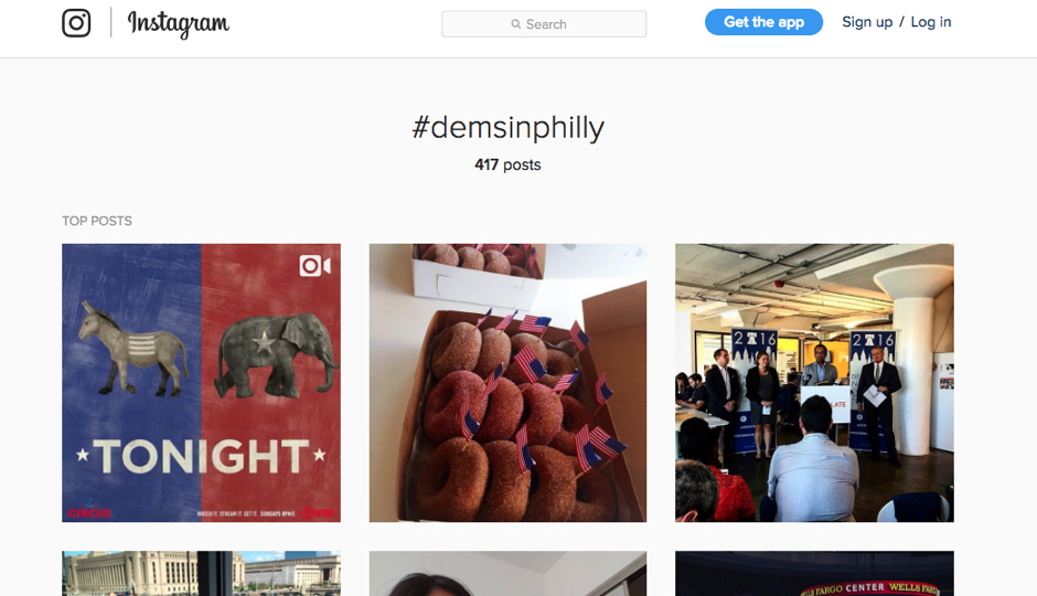 The #demsinphilly Instagram feed where users can access DNC photos and Curalate's links. 