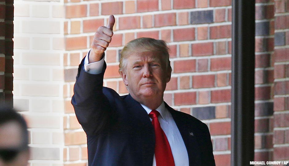 Republican presidential candidate Donald Trump gives a thumbs-up as he leaves the residence of Indiana Gov. Mike Pence in Indianapolis, Wednesday, July 13, 2016.