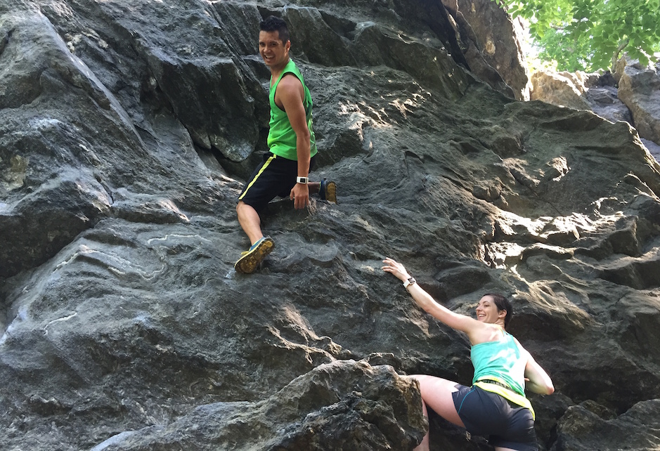 Members of Chasing Trails running club climbing Livezey Rock. 