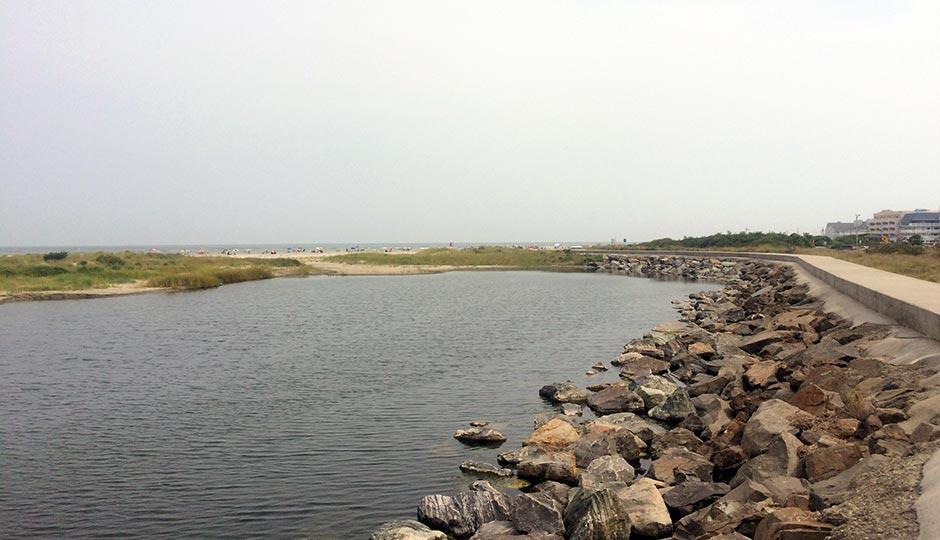a shot of the rocky shoreline at the northern tip of North Wildwood