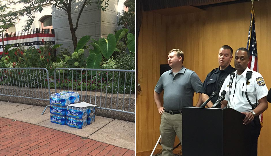 Water bottles at City Hall. Richard Ross.