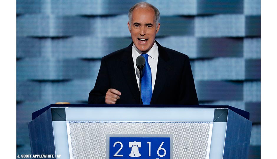 Sen, Bob Casey, D-Penn., speaks during the first day of the Democratic National Convention in Philadelphia, Monday, July 25, 2016. 