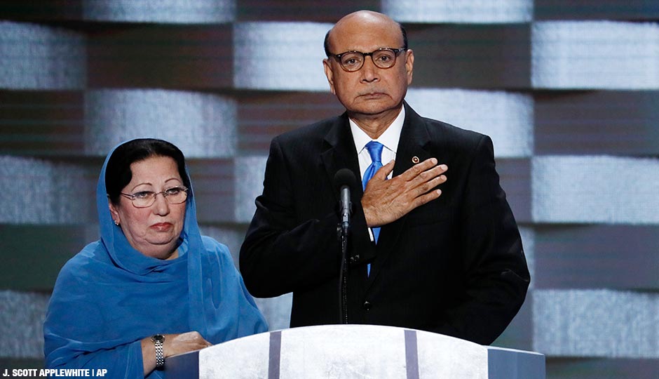 Khizr Khan, father of fallen US Army Capt. Humayun S. M. Khan and his wife Ghazala speak during the final day of the Democratic National Convention in Philadelphia , Thursday, July 28, 2016.