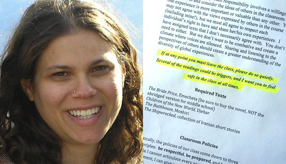 Left: Kutztown University Director of Women's and Gender Studies Colleen Lutz Clemens. Right: The trigger warning that appears on her new syllabus. (Highlighting added.)
