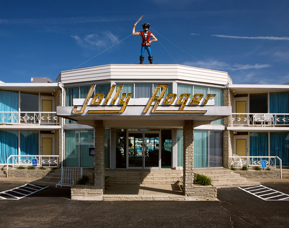 Jolly Roger Motel - neon sign, with pirate on the roof