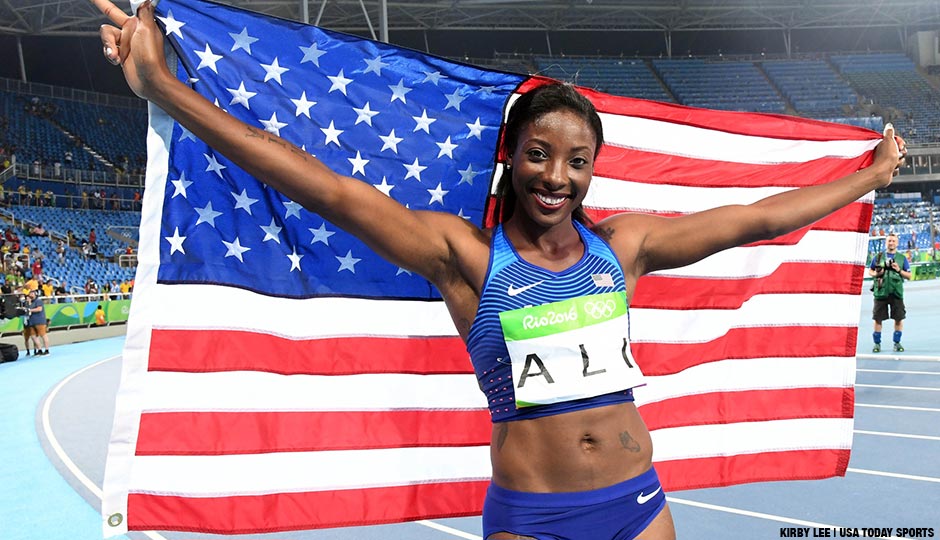 Nia Ali after placing second in the women's 100m hurdles final in the Rio 2016 Summer Olympic Games at Estadio Olimpico Joao Havelange. 