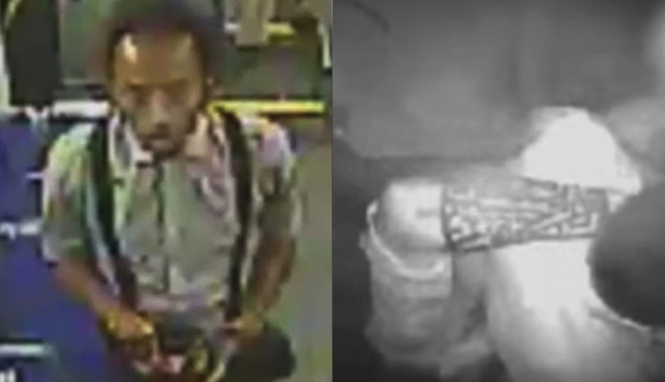 Left: The suspect in the SEPTA bus driver attack. Right: Detail of a tattoo on the suspect's left arm.