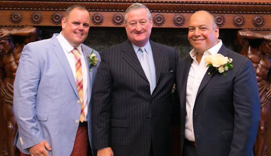 Fran Hogan and Jimmy Contreras with Philadelphia Mayor Jim Kenney, who married the couple at City Hall in July.