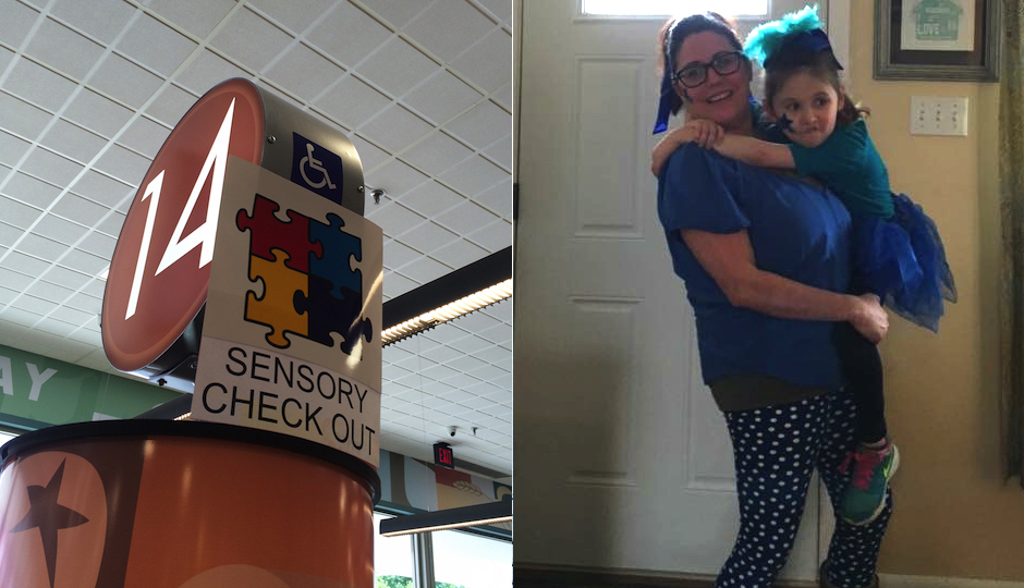 Left and below: The autism-friendly checkout lane at the new Brookhaven ShopRite. Right: Kristin Jackowski and daughter NavyAnna wear all blue in honor of World Autism Day on April 2nd.