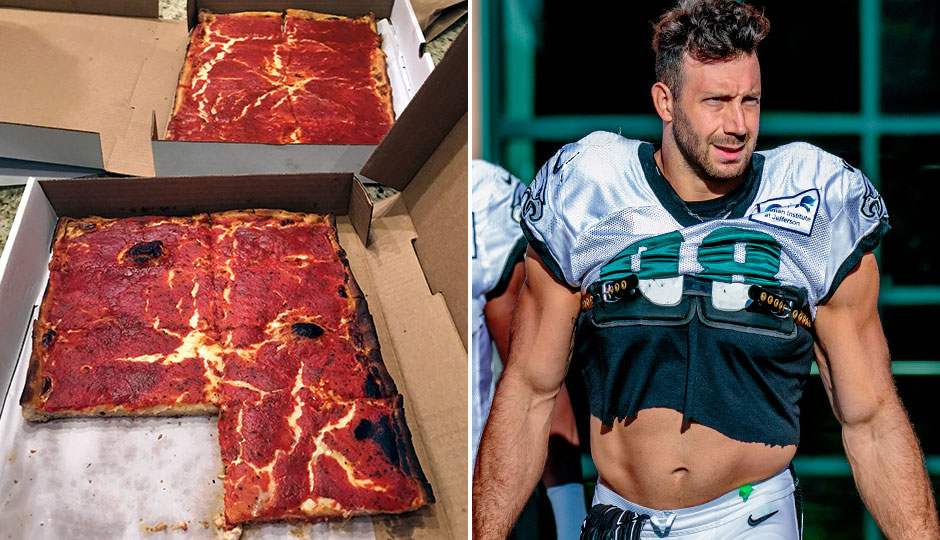 Photos of Santucci’s pizza and Eagles defensive player Connor Barwin