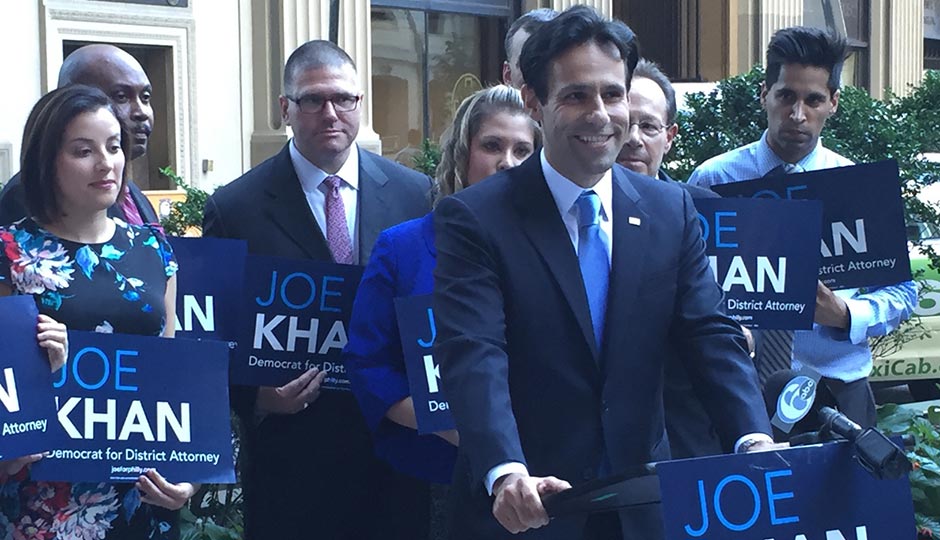 Joe Khan announcing his intention to run against District Attorney Seth Williams in the May 2017 Democratic primary. Photo by Morgan Jenkins