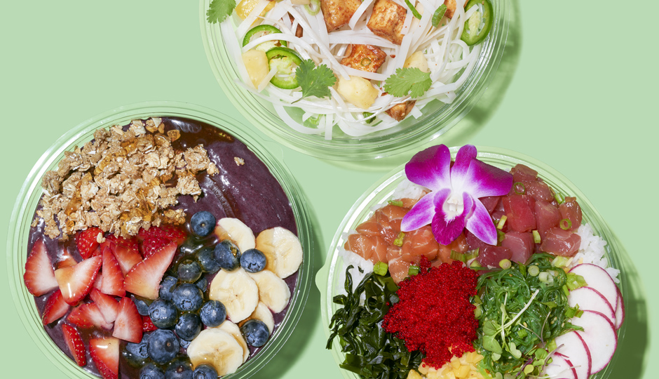 From top: Honeygrow's BBQ stir-fry, Poke Bowl's Poke Bowl, and Bryn and Dane's Acai Bowl | Photo by Davide Luciano, styling by Claudia Ficca