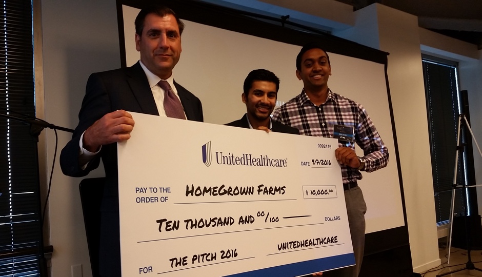 Executive Director of UnitedHealthcare of Pennsylvania and Delaware, Dan Tropeano and The Pitch winners, Parth Chauhan and Zeel Patel of HomeGrown Farms. 
